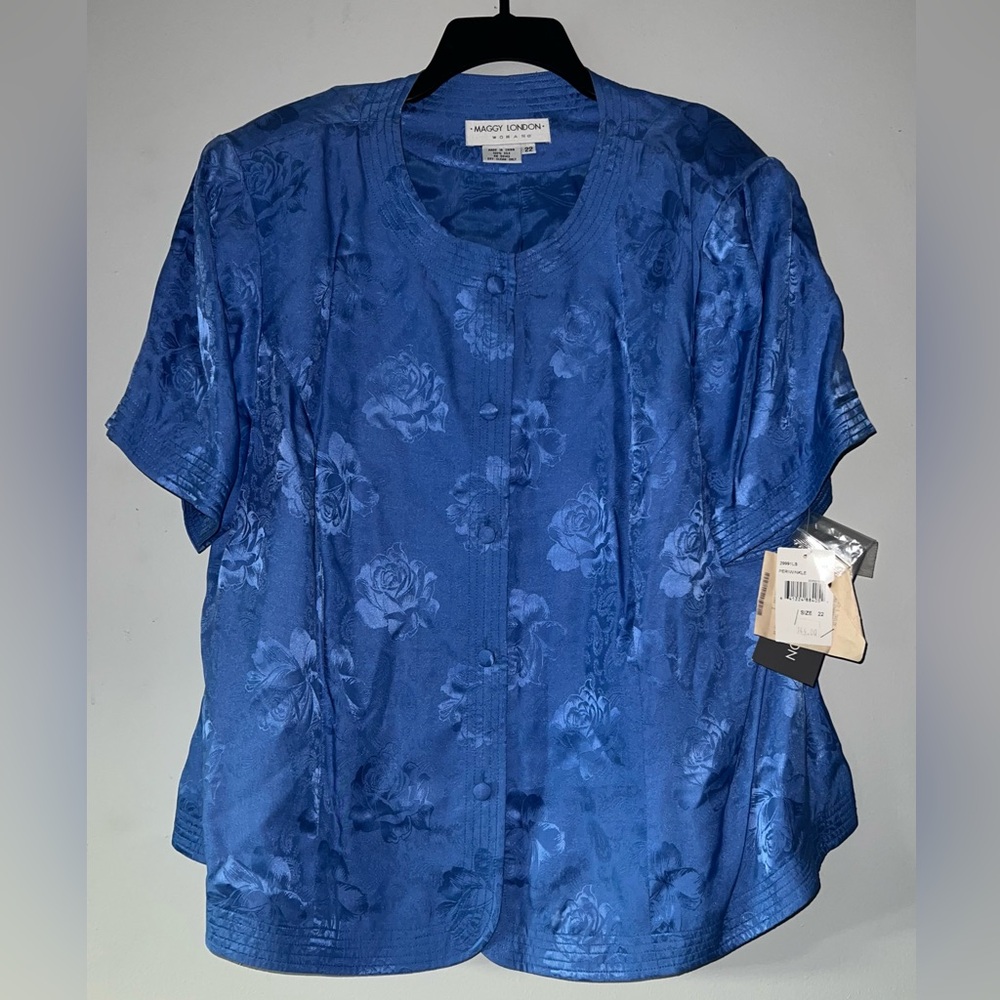 Vintage Maggy London Silk Periwinkle Floral Blouse & Skirt Set